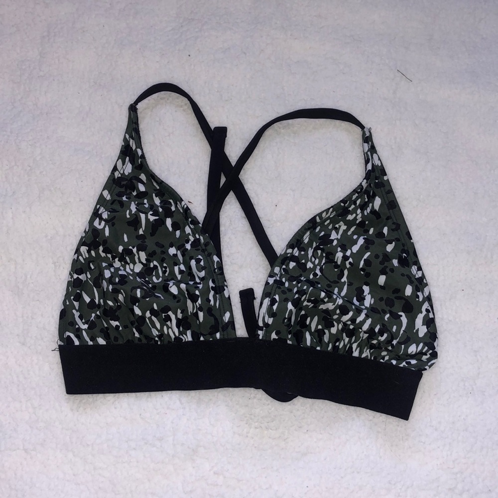 green white and black spotted bikini top